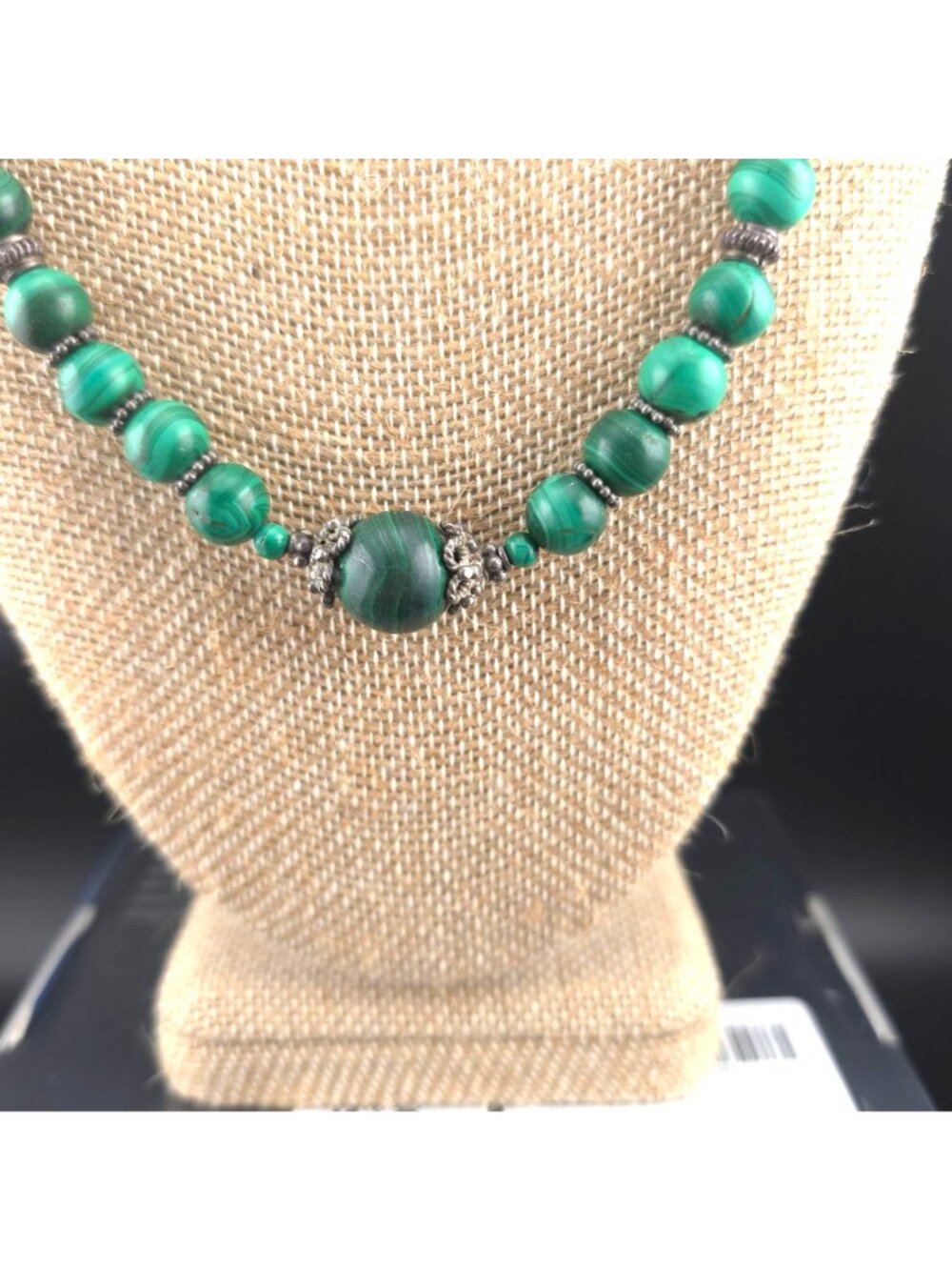 Vintage Malachite Beaded Necklace Earrings Set Sterling Silver 19 inches - Picture 5 of 8